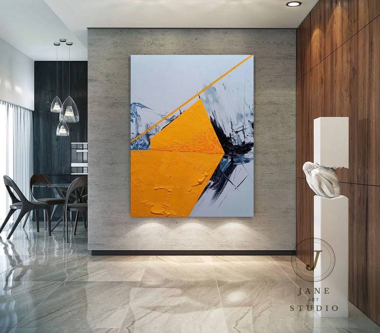 Black Original Hand-painted Hallway Yellow Living Abstract Canvas 15FUW